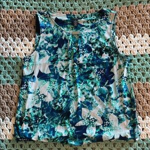 Blue Teal Floral Sleeveless Bubble Hem Shirt Top Blouse Womans sz Large